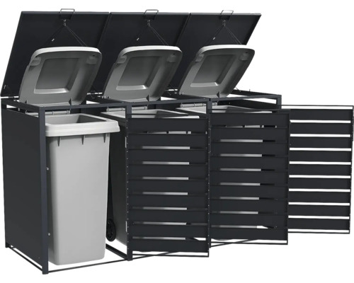 Cache-poubelle triple en métal anthracite avec couvercles relevables et portes à lamelles.