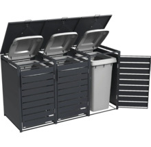 Cache-poubelle triple en lattes métalliques anthracite avec couvercles et portes frontales ouverts, une poubelle grise à l'intérieur.