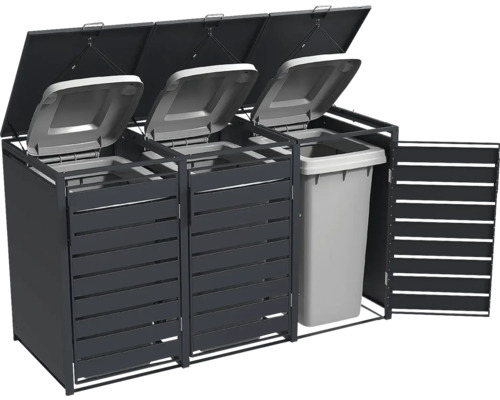 Cache-poubelle triple en lattes métalliques anthracite avec couvercles et portes frontales ouverts, une poubelle grise à l'intérieur.