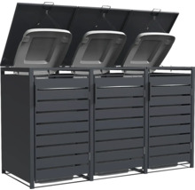 Abri pour trois poubelles en métal anthracite avec couvercle rabattable et portes à lamelles.