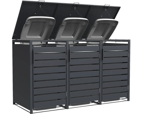 Abri pour trois poubelles en métal anthracite avec couvercle rabattable et portes à lamelles.