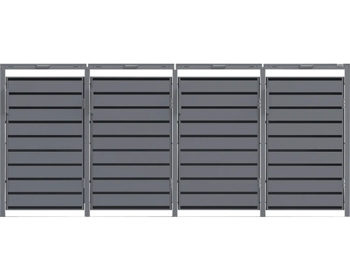 Cache-poubelle quadruple en métal avec lattes horizontales en anthracite.