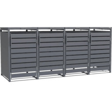 Abri pour quatre poubelles, en métal avec des lamelles horizontales, couleur anthracite.