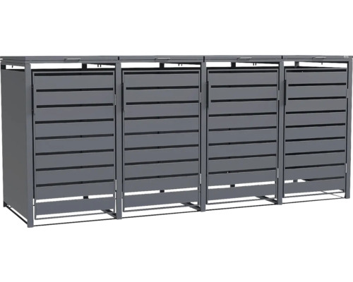 Abri pour quatre poubelles, en métal avec des lamelles horizontales, couleur anthracite.