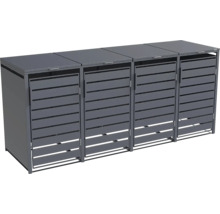 Cache-poubelle pour 4 conteneurs en métal gris foncé avec des lattes horizontales et des couvercles rabattables.