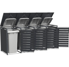 Cache-poubelle pour 4 conteneurs en métal anthracite avec lattes horizontales et couvercles relevables.