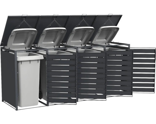 Cache-poubelle pour 4 conteneurs en métal anthracite avec lattes horizontales et couvercles relevables.