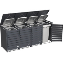 Cache-poubelle en métal anthracite pour quatre poubelles avec couvercles rabattables et portes à lamelles.