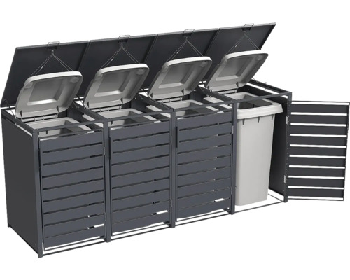 Cache-poubelle en métal anthracite pour quatre poubelles avec couvercles rabattables et portes à lamelles.