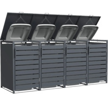 Cache-poubelle en métal pour 4 bacs en anthracite avec lattes horizontales et couvercles rabattables ouverts.