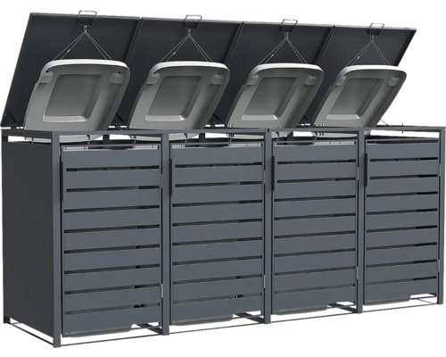 Cache-poubelle en métal pour 4 bacs en anthracite avec lattes horizontales et couvercles rabattables ouverts.