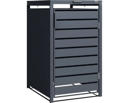 Abri pour poubelle Weka en métal avec porte à lamelles et couvercle rabattable pour une poubelle.