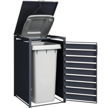 Cache-poubelle en métal anthracite pour une poubelle avec porte à lamelles ouverte et couvercle relevable.