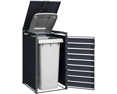 Cache-poubelle en métal anthracite pour une poubelle avec porte à lamelles ouverte et couvercle relevable.