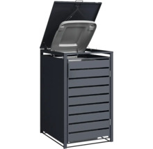 Cache-poubelle en métal anthracite avec façade à lamelles et couvercle ouvert avec système de levage pour le bac.