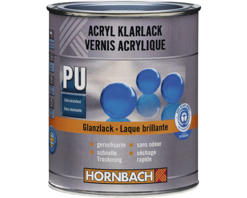 HORNBACH Acryl Klarlack glänzend 375 ml Hornbach Acryl-Klarlack glänzend, PU-verstärkt, extra kratzfest, geruchsarm, schnell trocknend, Blauer Engel Siegel, Hornbach Logo.