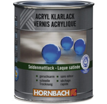 Hornbach Acryl Klarlack seidenmatt, geruchsarm, schnell trocknend, geeignet für Kinderspielzeug, umweltfreundlich, Hornbach Logo.