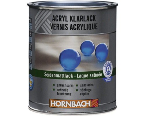 Hornbach Acryl Klarlack seidenmatt, geruchsarm, schnell trocknend, geeignet für Kinderspielzeug, umweltfreundlich, Hornbach Logo.