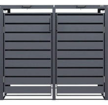 Cache-poubelle double Weka en métal avec lattes horizontales, deux portes et deux couvercles.