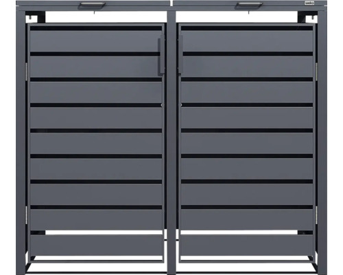 Cache-poubelle double Weka en métal avec lattes horizontales, deux portes et deux couvercles.