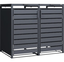 Cache-poubelle double anthracite pour deux conteneurs en métal avec lattes horizontales et deux couvercles.