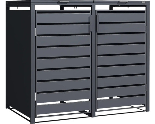 Cache-poubelle double anthracite pour deux conteneurs en métal avec lattes horizontales et deux couvercles.