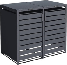 Cache-poubelle double en métal anthracite avec portes à lattes et couvercles relevables.