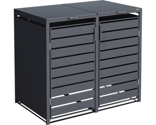 Cache-poubelle double en métal anthracite avec portes à lattes et couvercles relevables.