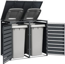 Cache-poubelle en métal anthracite pour deux conteneurs avec portes à lamelles et couvercles ouverts.