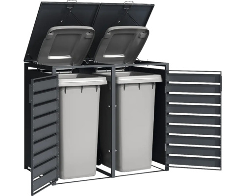 Cache-poubelle en métal anthracite pour deux conteneurs avec portes à lamelles et couvercles ouverts.