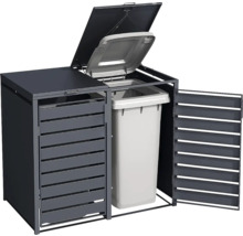 Abri à poubelles en métal anthracite pour deux poubelles, une porte et le couvercle sont ouverts pour démonstration.