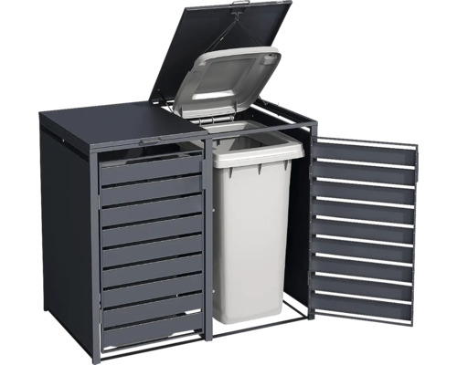 Abri à poubelles en métal anthracite pour deux poubelles, une porte et le couvercle sont ouverts pour démonstration.