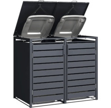 Cache-poubelle double en métal anthracite avec portes à lattes et couvercles ouverts reliés aux couvercles des poubelles.