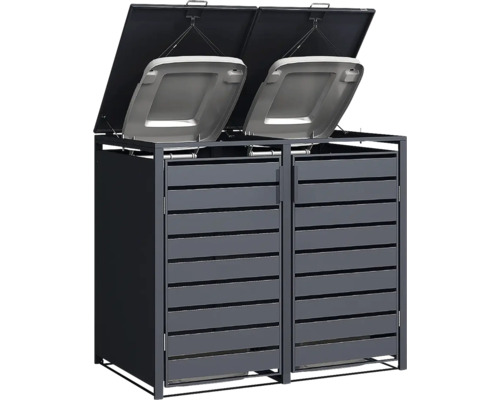 Cache-poubelle double en métal anthracite avec portes à lattes et couvercles ouverts reliés aux couvercles des poubelles.