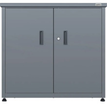 Armoire de jardin en métal gris Weka avec deux portes, serrure à cylindre et poignées encastrées.