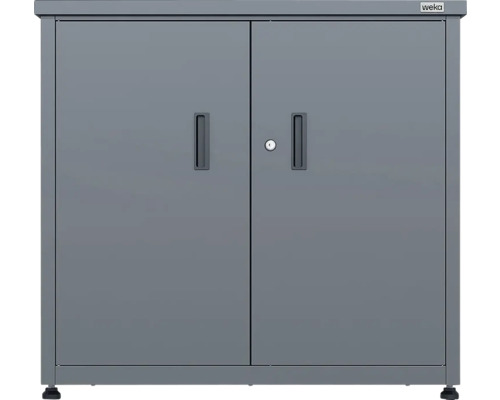 Armoire de jardin en métal gris Weka avec deux portes, serrure à cylindre et poignées encastrées.