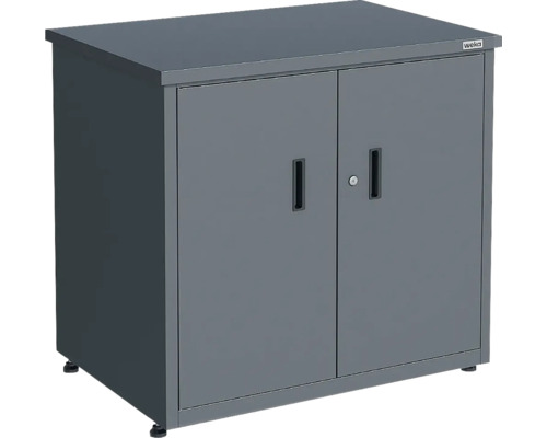 Armoire métallique Weka en gris avec deux portes, serrure et poignées encastrées noires.