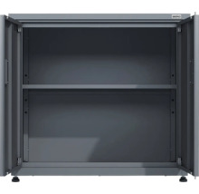 Armoire métallique anthracite avec deux portes ouvertes, une étagère et des pieds réglables, Weka Logo