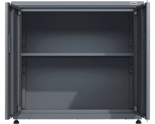 Armoire métallique anthracite avec deux portes ouvertes, une étagère et des pieds réglables, Weka Logo