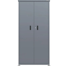 Armoire de jardin haute en métal gris avec portes doubles, deux poignées encastrées et serrure. Weka Logo.