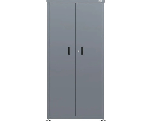 Armoire de jardin haute en métal gris avec portes doubles, deux poignées encastrées et serrure. Weka Logo.