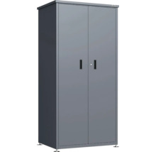 Armoire Weka grise en métal avec deux portes, poignées, serrure à cylindre et pieds réglables. Weka Logo.