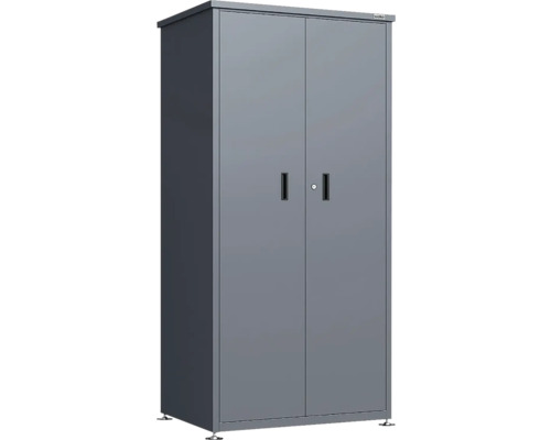 Armoire Weka grise en métal avec deux portes, poignées, serrure à cylindre et pieds réglables. Weka Logo.