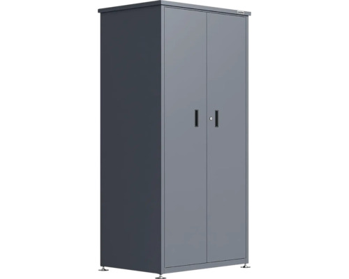 Armoire de jardin Weka en métal avec deux portes, serrure et pieds réglables.