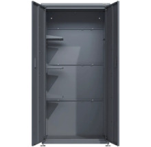 Armoire métallique Weka avec portes ouvertes et plusieurs étagères à l'intérieur. Logo Weka.