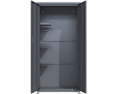 Armoire métallique Weka avec portes ouvertes et plusieurs étagères à l'intérieur. Logo Weka.