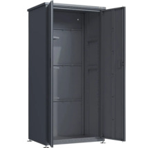 Armoire de rangement en métal Weko anthracite, ouverte, avec étagères et rails intérieurs.