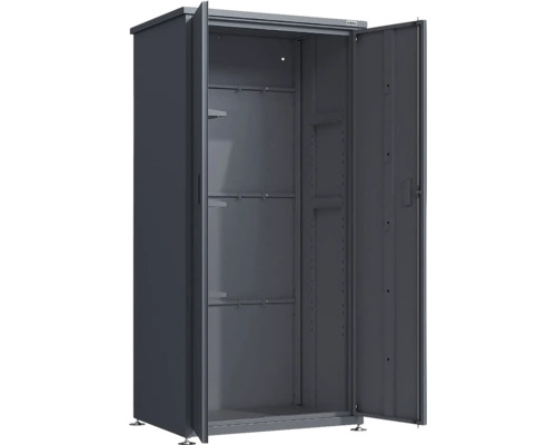 Armoire de rangement en métal Weko anthracite, ouverte, avec étagères et rails intérieurs.
