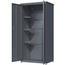 Armoire à outils gris foncé en métal avec deux portes et trois étagères.