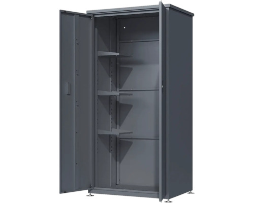 Armoire à outils gris foncé en métal avec deux portes et trois étagères.